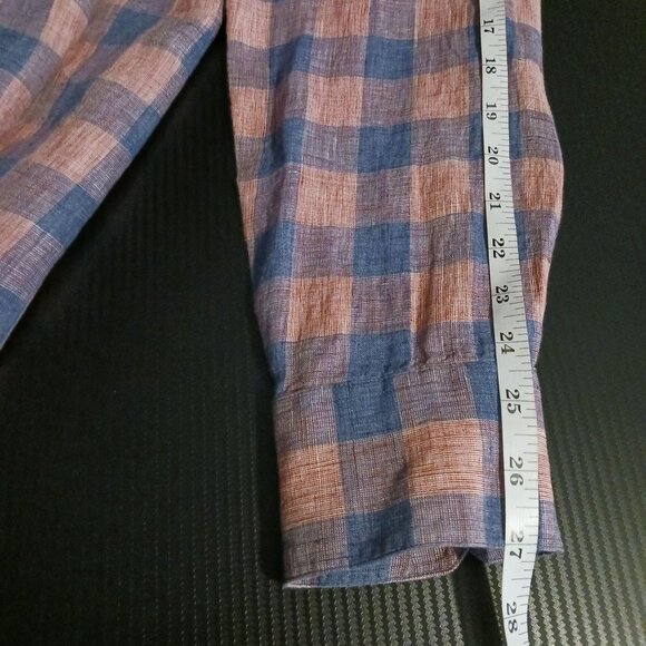 Robert Barakett Mens Longsleeve Plaid Linen‎ Button-Up Shirt Blue/Salmon L - Picture 13 of 13